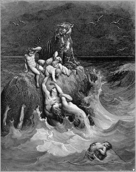 The Flood, as envisioned by Gustave Dore (1865). For Eibeschuetz, the real Flood happened before the world existed. It was the primordial catastrophe of the "Shattering of the Vessels."