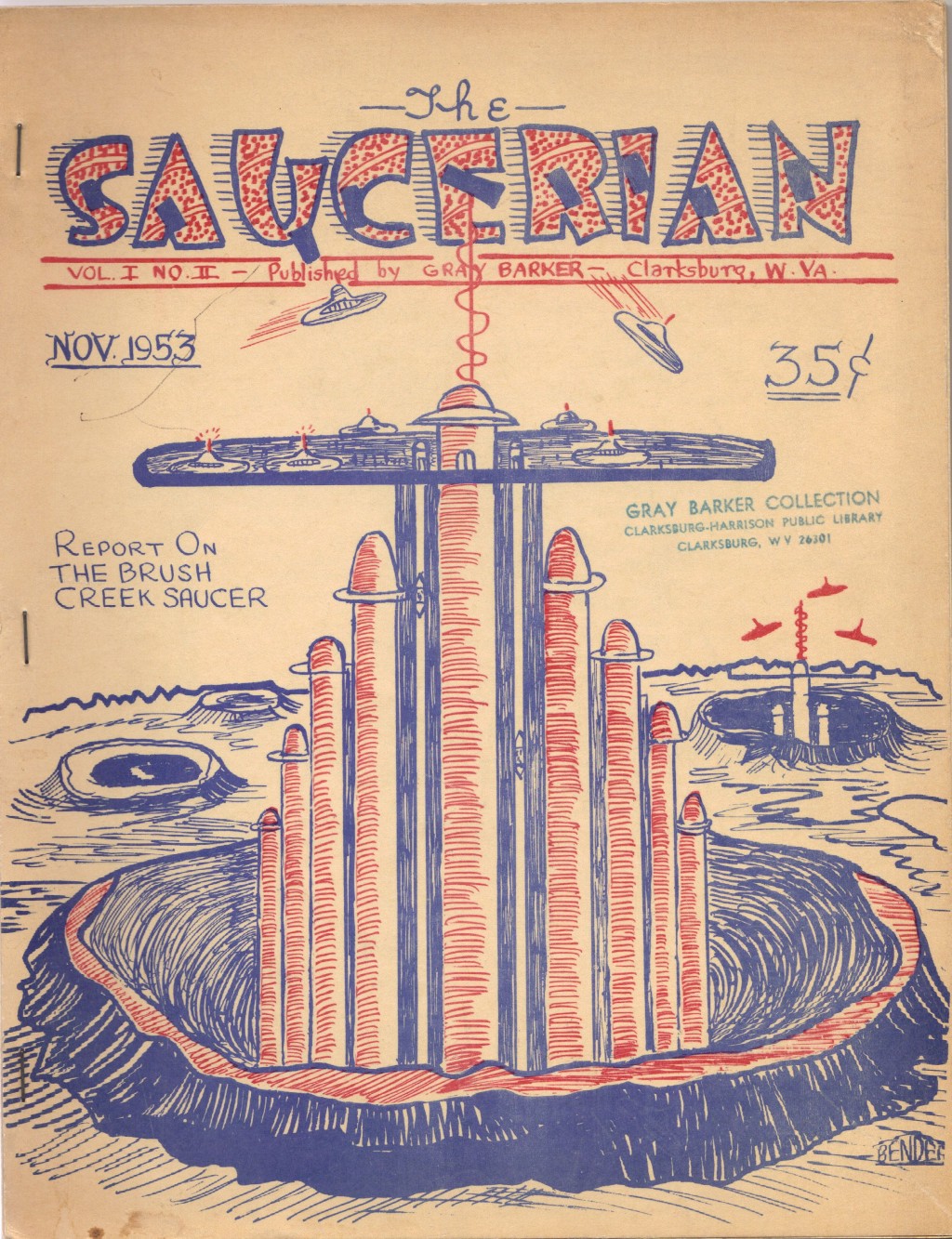 Cover illustration by Albert Bender, for Gray Barker's "The Saucerian," November 1953. (From the Gray Barker Collection, Clarksburg-Harrison Public Library.) The Tower of Babel, as conceived by its builders ... ?