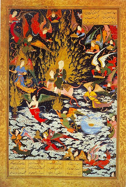 Muhammad on his "miraj," his heavenly journey, surrounded by welcoming angels. Was Rabbi Ishmael one of those angels? (From a 16th-century Persian manuscript.)