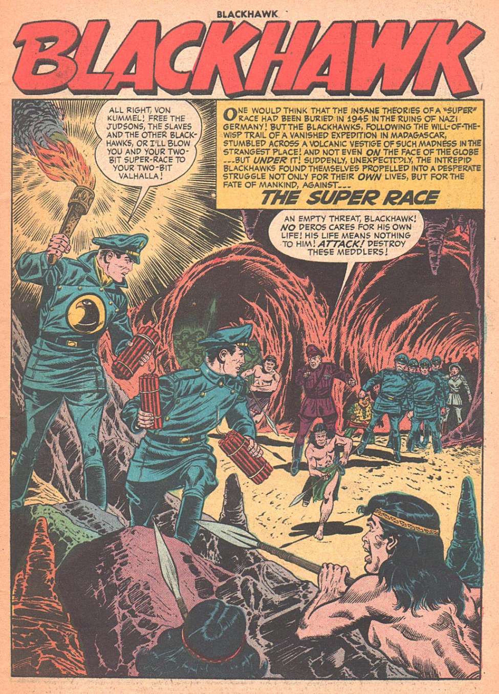 Full page panel at the beginning of "The Super Race," "Blackhawk" comics, August 1956.