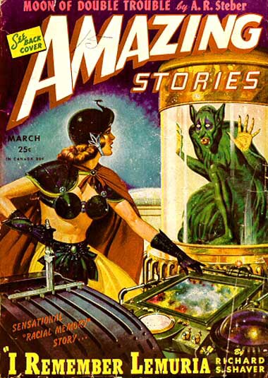 The "Amazing Stories" cover (March 1945) that kicked off the Shaver Mystery. I'm haunted by the yearning in the eyes, in the posture of the dero trapped inside his glass cage, as he gazes at the beauty beyond his reach. Palmer sometimes had himself painted into the "Amazing Stories" covers (below); is this one of those times?