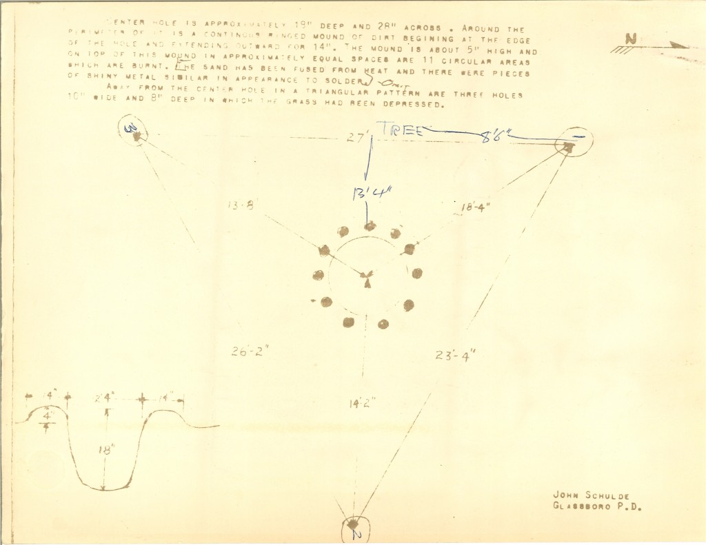Diagram of the Glassboro holes, drawn by the local police. The diagram shows the holes as far more symmetrical than they actually were. No doubt the man who made it had an image of a landed spaceship, like the one shown above, in his mind.