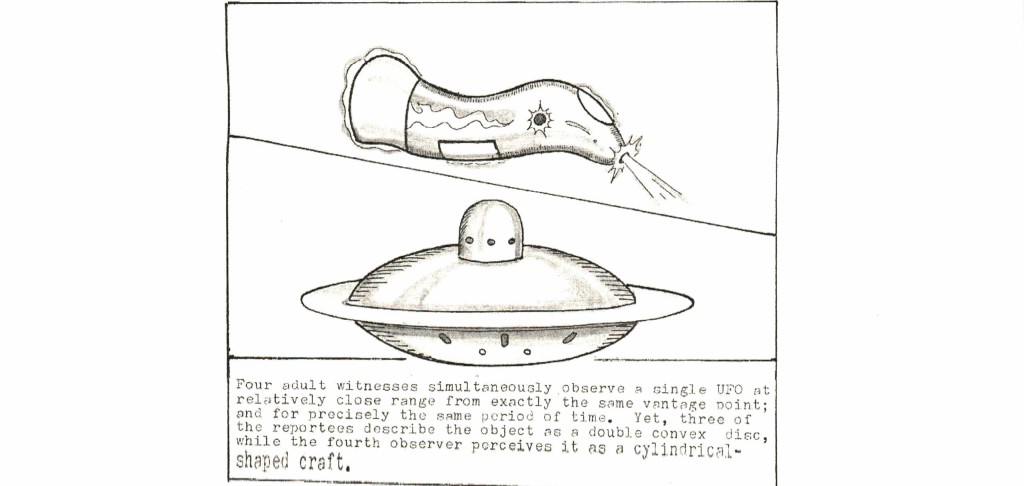 Two perceptions of the UFO seen over Philadelphia, January 15, 1974. From Matt Graeber, "The Cat and Mice Game," SUNlite, vol. 1, no. 4 (November-December 2009), pp. 20-24.