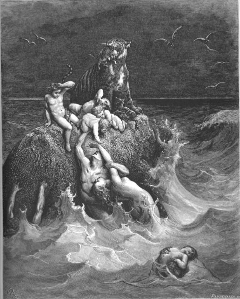 Gustave Dore, The Great Flood (1866; from Wikimedia Commons). No humans or animals died--it was the Shattering of God.